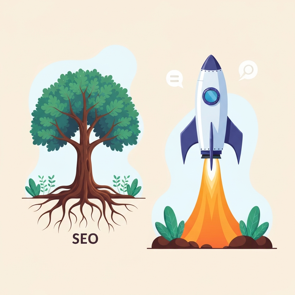 A vibrant, modern flat illustration depicting two distinct yet complementary paths leading to a thriving digital business presence. On one side, represent SEO as a strong, deeply rooted oak tree slowly growing and branching upwards, surrounded by smaller plants, symbolizing organic, sustainable growth and a solid foundation. On the other side, show Google Ads as a sleek, futuristic rocket launching with an immediate burst of controlled power, rapidly ascending towards the same high-reaching goal. The overall scene should emphasize contrast between long-term cultivation and immediate, targeted acceleration.