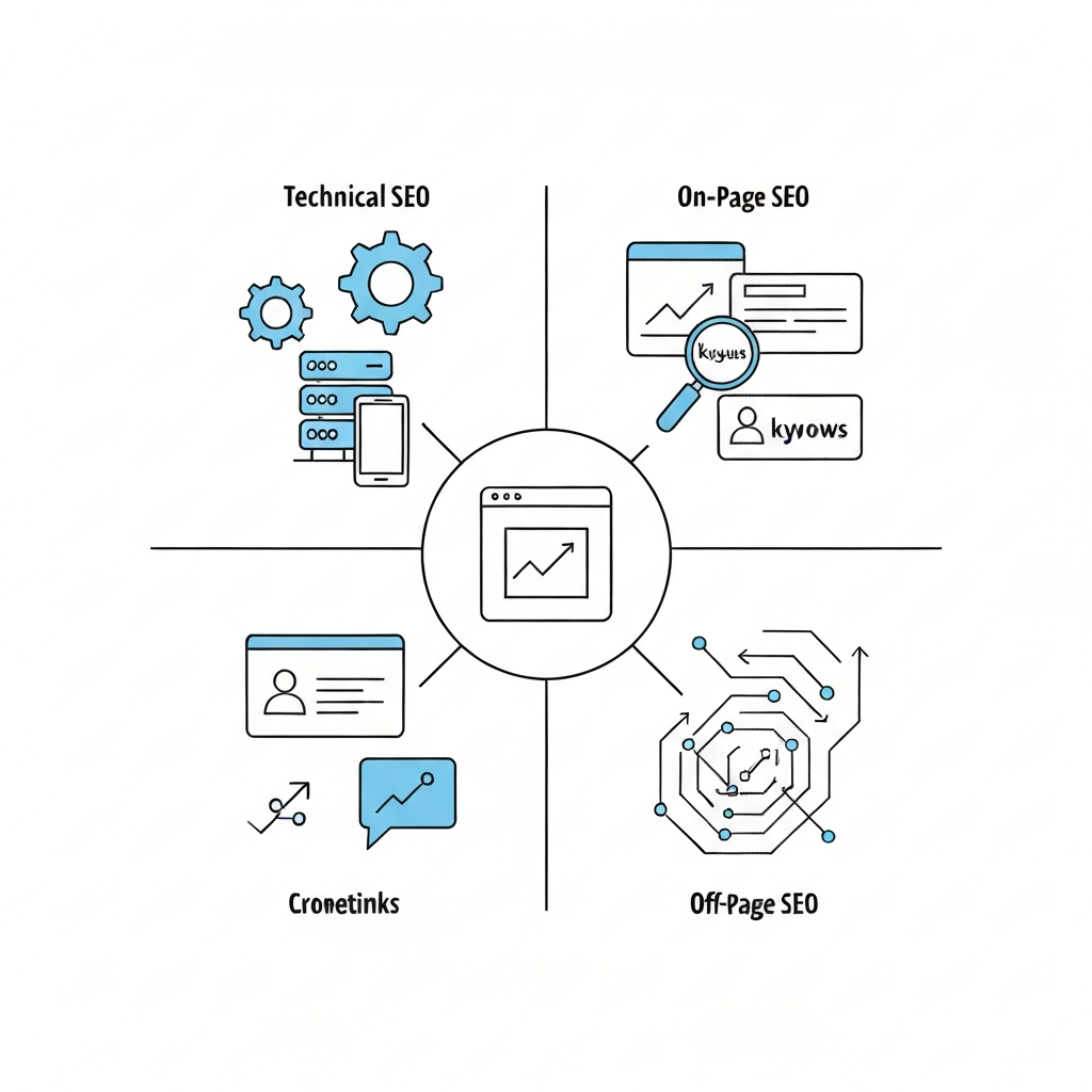 An infographic-style illustration detailing the interconnected components of a robust SEO strategy. At the core, a stylized website icon representing a digital platform. Emanating from it, three distinct, visually integrated segments: one for 'Technical SEO' with gears, a server rack, and a mobile device icon; another for 'On-Page SEO' featuring content blocks, a magnifying glass over keywords, and a user interface element; and a third for 'Off-Page SEO' with abstract lines and arrows representing backlinks and network connections. The clean, minimalist vector art style should convey synergy and continuous optimization.