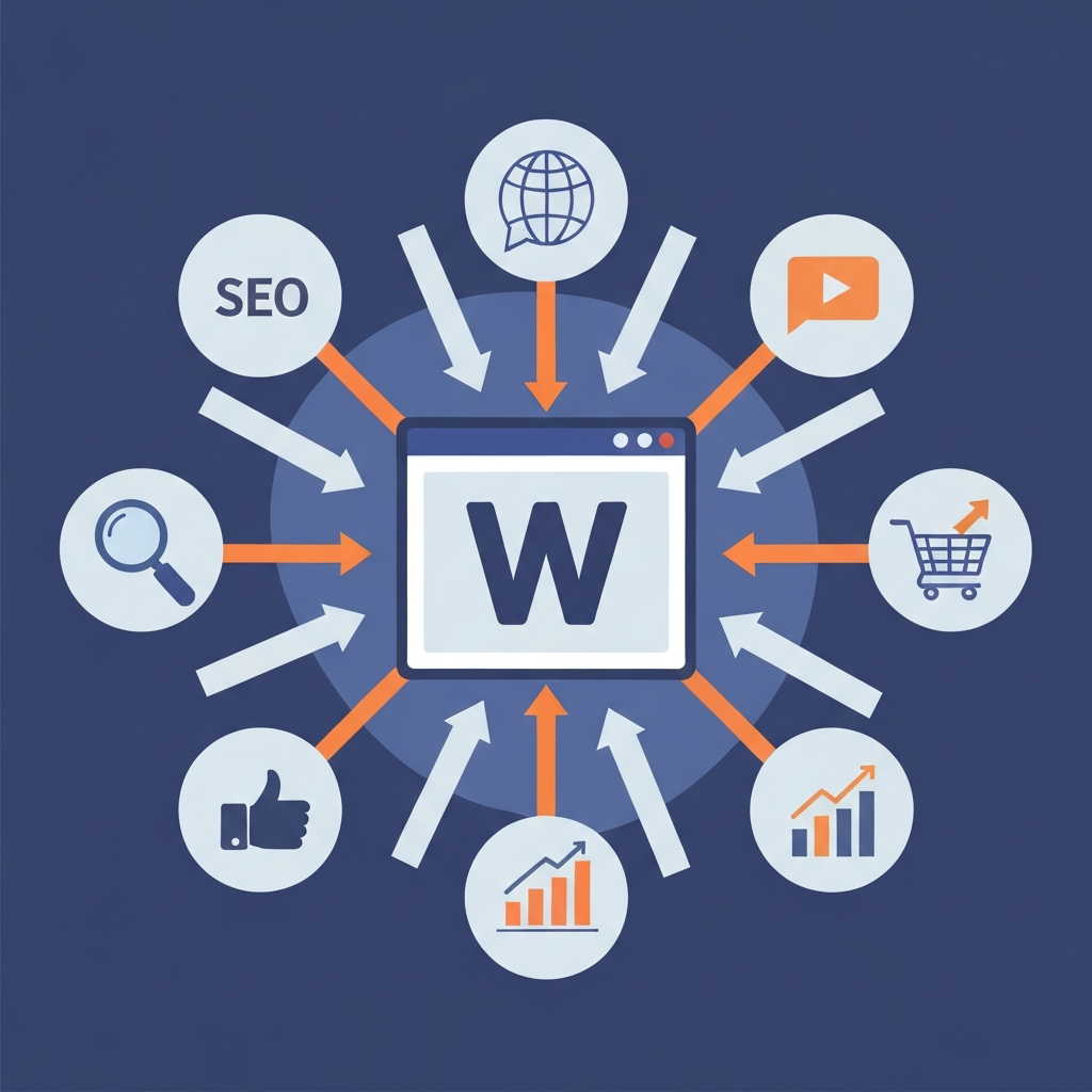 A vibrant, modern flat illustration depicting a central, stylized website icon (like a browser window or a 'W' logo). From this central website, multiple dynamic arrows radiate outwards, each pointing to a distinct icon representing key sales strategies. These icons could include a magnifying glass (SEO), a content bubble with a play button (content marketing), a shopping cart with an upward arrow (sales/conversion), a social media 'like' thumb, and a bar chart showing growth. The overall scene should convey the website as a powerful, interconnected engine driving business growth and increasing sales, with a clean and professional aesthetic suitable for a business article.