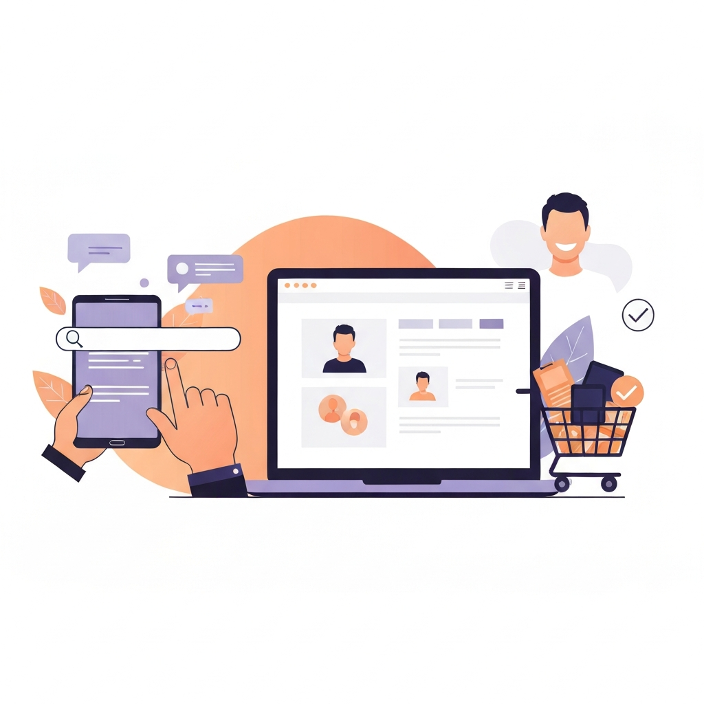A sleek and engaging vector illustration showcasing the digital customer journey. Start with an abstract representation of a hand interacting with a search bar on a stylized device (e.g., a phone or tablet), surrounded by floating abstract 'search result' elements. This transitions smoothly to a well-designed, user-friendly website interface displayed prominently on a laptop screen, emphasizing clear navigation and appealing visuals. The final part of the journey depicts a positive outcome, such as a shopping cart overflowing with items and a checkmark, or a smiling customer silhouette, symbolizing a successful purchase or conversion. The visual flow should be dynamic, using a warm color palette to denote satisfaction and progress.