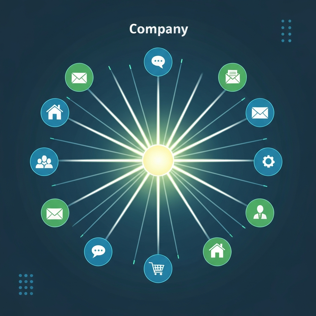 A conceptual flat illustration depicting a sleek, modern company website as a central, glowing hub. Radiating outwards from the hub are distinct, abstract visual cues or simplified icons (e.g., a house for homepage, people for 'About Us', an envelope for 'Contact Us', a shopping cart for 'Products/Services', a speech bubble for 'Blog') representing the 15 essential pages. Smooth, glowing lines connect these elements, illustrating seamless navigation and a comprehensive, well-structured digital presence. The color palette is professional and vibrant, featuring corporate blues, greens, and subtle gradients, suggesting efficiency and innovation.