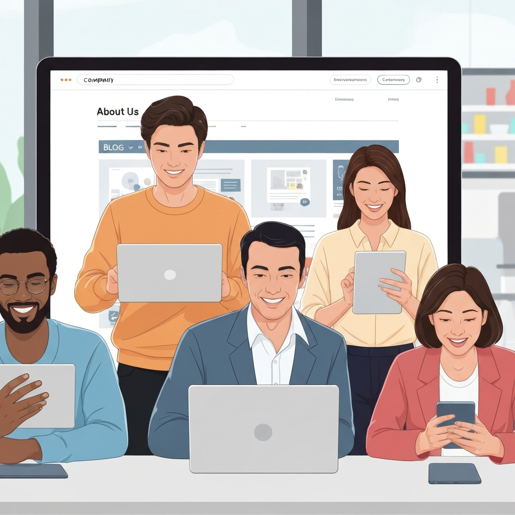 A dynamic digital illustration capturing a diverse group of modern professionals and potential customers interacting fluidly with a highly responsive, aesthetically pleasing company website. One person is intently browsing a product page on a laptop, another is scrolling through a blog post on a tablet with a satisfied expression, and a third is engaging with an 'About Us' section on a smartphone. The background features a subtle, blurred contemporary office or café setting, emphasizing real-world usage. The overall style should be clean, vibrant, and optimistic, highlighting successful user experience and the comprehensive nature of the website.
