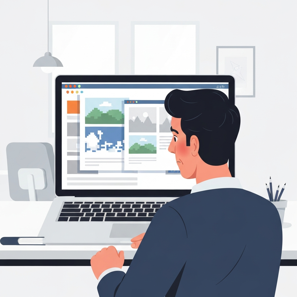 A flat illustration depicting a frustrated business owner or a potential client looking at a laptop screen. The screen prominently displays a website interface that is visibly broken and outdated, with overlapping elements, pixelated images, and a generally chaotic layout, symbolizing an unprofessional company website. The user's expression should convey disappointment or annoyance. The background should be a minimalist, modern office environment to emphasize the contrast between current business expectations and the outdated website. No specific company logos or brand names.