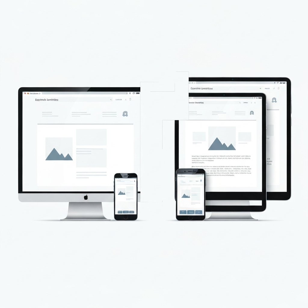An infographic-style illustration presenting a clear contrast between a responsive and a non-responsive website design. On the left side, a sleek, modern website layout seamlessly adapts across three device screens: a desktop monitor, a tablet held vertically, and a smartphone. On the right side, the same generic website content appears distorted and dysfunctional across the identical three devices: text overlapping, images being cut off, and navigation buttons being minuscule on the smartphone, creating a visibly frustrating user experience. The illustration should emphasize the visual difference in adaptability.