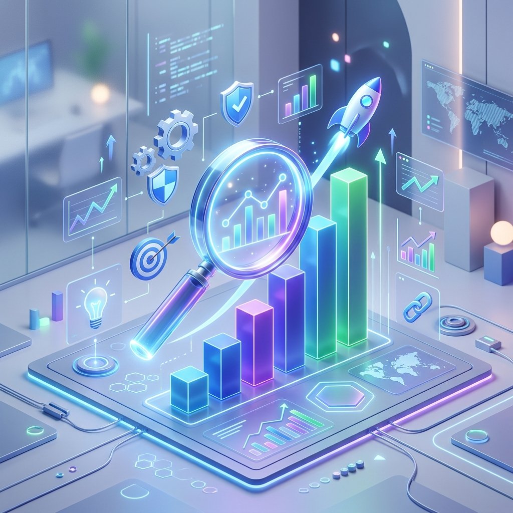 A modern, high-quality isometric 3D illustration representing digital marketing and SEO growth. The scene features a sleek, glowing magnifying glass hovering over a series of ascending data bar charts and digital icons representing search engine rankings. A clean, professional workspace background with soft blue and purple lighting, conveying a sense of technology, precision, and data-driven strategy. The design should be minimalist and sleek, suitable for a professional business blog, with no text or letters visible anywhere in the composition.