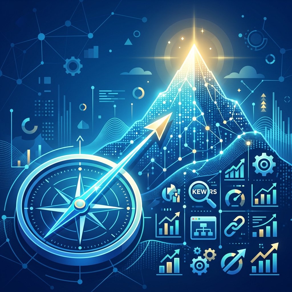 A conceptual, flat-style vector illustration depicting a digital compass needle pointing towards the peak of a mountain made of glowing digital data points and connectivity lines. Surrounding the mountain are stylized icons representing analytics, keywords, and website performance tools. The color palette uses vibrant shades of deep blue, white, and subtle gold accents to represent success and clarity. The atmosphere is clean, organized, and professional, perfectly suited for an educational article about SEO tools, ensuring no text, labels, or typography appear in the design.