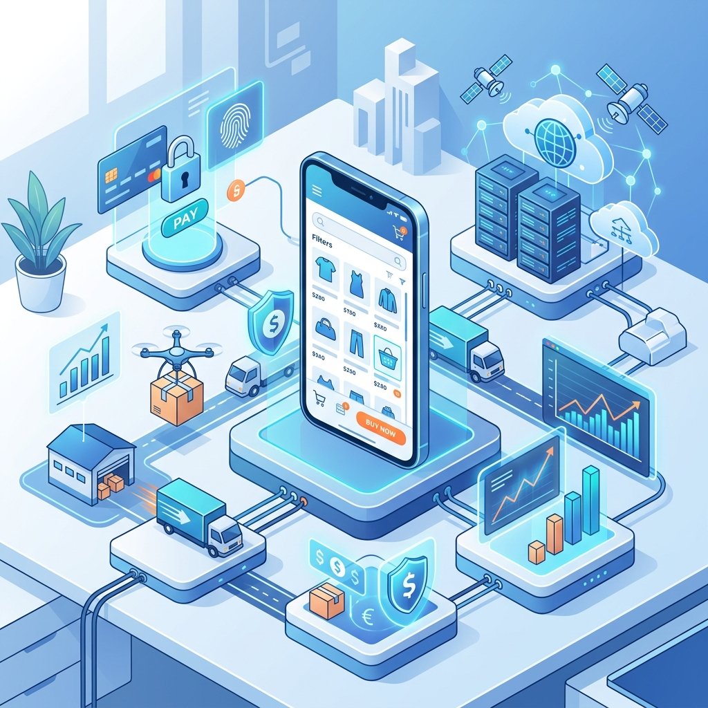 A modern, high-tech isometric illustration showcasing a digital e-commerce ecosystem. In the center, a sleek smartphone displays a sophisticated shopping interface. Surrounding the phone are glowing, semi-transparent icons representing integrated services: secure payment gateways, logistics and shipping trucks, data analytics charts, and global cloud connections. The background is a clean, professional workspace in a soft blue and white color palette. The style is clean, minimalist, and vector-based, representing professional business growth, efficiency, and the digital transformation of the retail market in 2026.