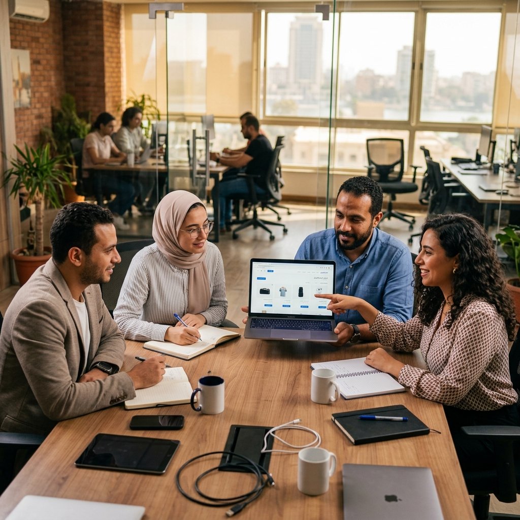 A high-quality, professional photograph of a contemporary office environment in Cairo, capturing a diverse team of digital strategists collaborating around a large table. One team member is pointing at a high-resolution laptop screen displaying a fluid, user-friendly e-commerce website layout with clean UI/UX elements. The lighting is warm and bright, emphasizing innovation and teamwork. In the background, there are blurred architectural hints of a modern tech hub. The image conveys trust, professional expertise, and the human element behind successful digital transformation and store development.