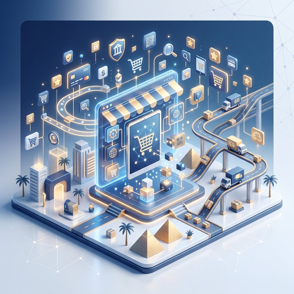 A high-quality, professional 3D isometric illustration depicting a modern, thriving Egyptian e-commerce ecosystem. The scene features a stylized digital marketplace with floating icons representing various payment gateways, delivery trucks, and shopping carts. In the center, a digital storefront interface is being assembled by abstract elements, symbolizing the building of an online shop. The color palette consists of soft gradients of deep blue, gold, and white, creating a clean, futuristic, and tech-forward atmosphere suitable for a professional business blog. No text or characters.