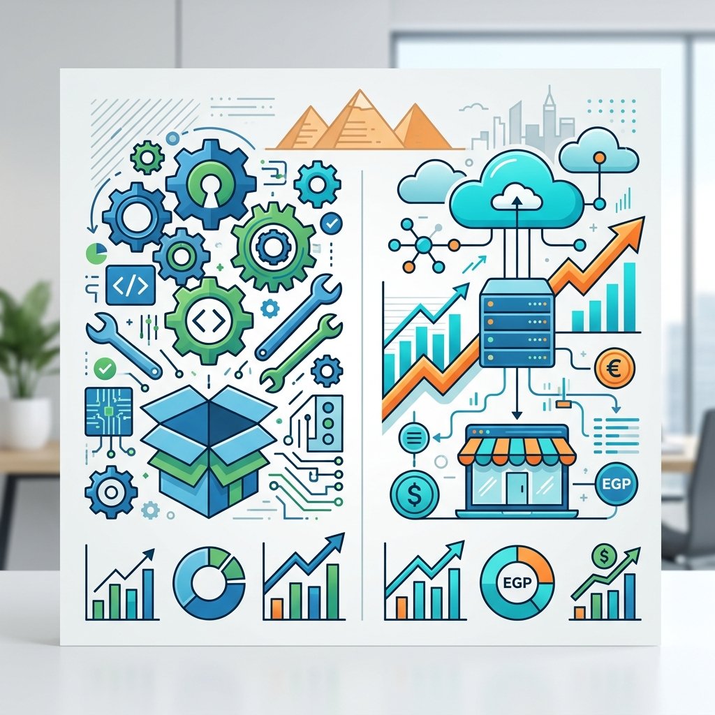 A sophisticated flat design infographic-style illustration showcasing a comparison between different e-commerce platform models. The composition features clean, minimalist shapes representing 'flexibility and code' on one side and 'ready-to-use cloud solutions' on the other. Use elegant vector graphics of gears, cloud symbols, and upward-trending growth charts. The background is a clean, neutral workspace setting with professional lighting, emphasizing themes of strategy, digital growth, and business success in the Egyptian market. The aesthetic is clean, corporate, and minimalist. No text or characters.
