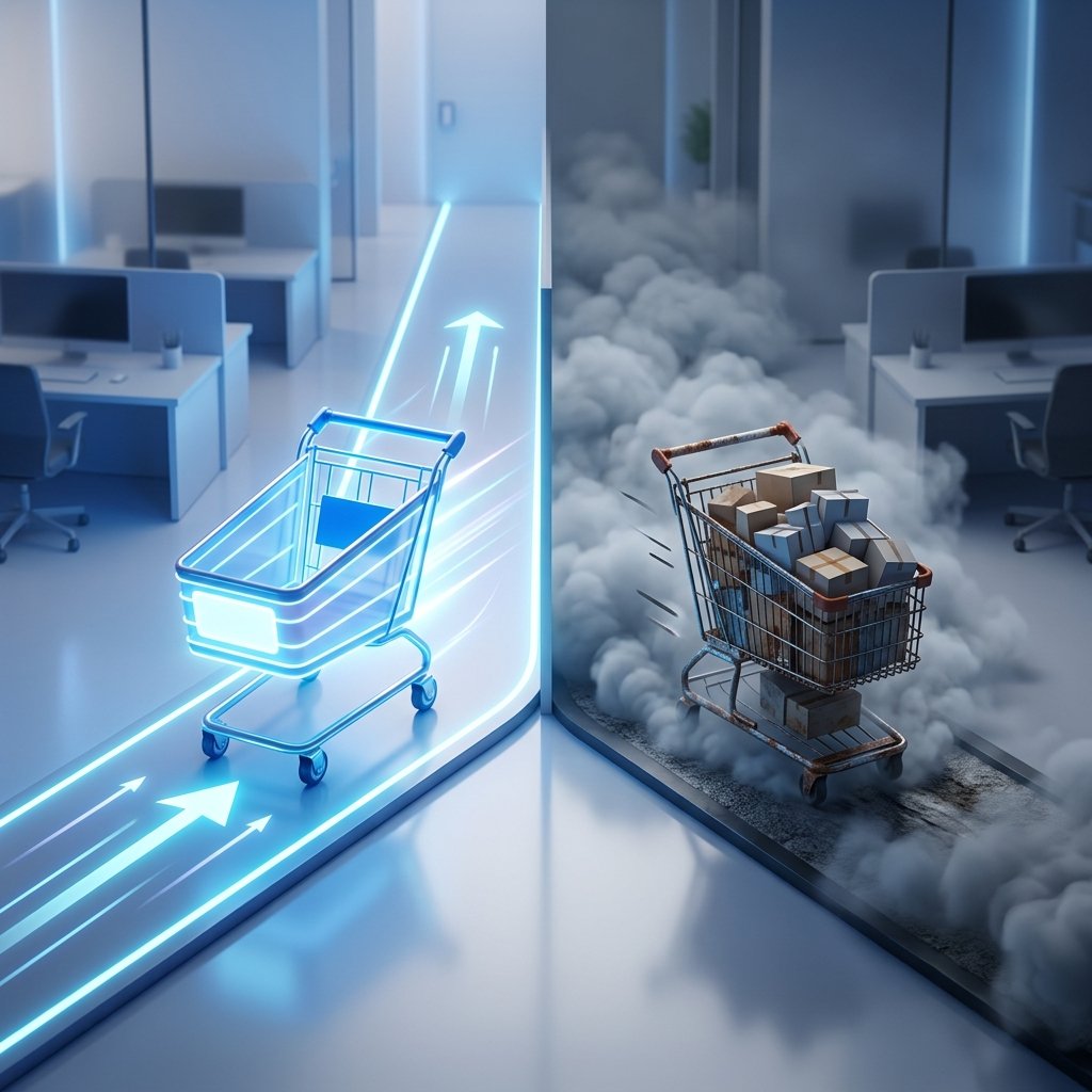 A high-quality 3D isometric illustration representing the concept of e-commerce speed. On one side, a sleek, glowing digital shopping cart moves rapidly along a smooth, neon-lit path, representing a fast website. On the other side, a cluttered and sluggish shopping cart struggles to move through thick, grey digital fog, representing a slow website. The background is a clean, modern corporate office environment with soft blue and white lighting. Professional, clean aesthetic, no text, no letters, no labels, high-tech business concept style.