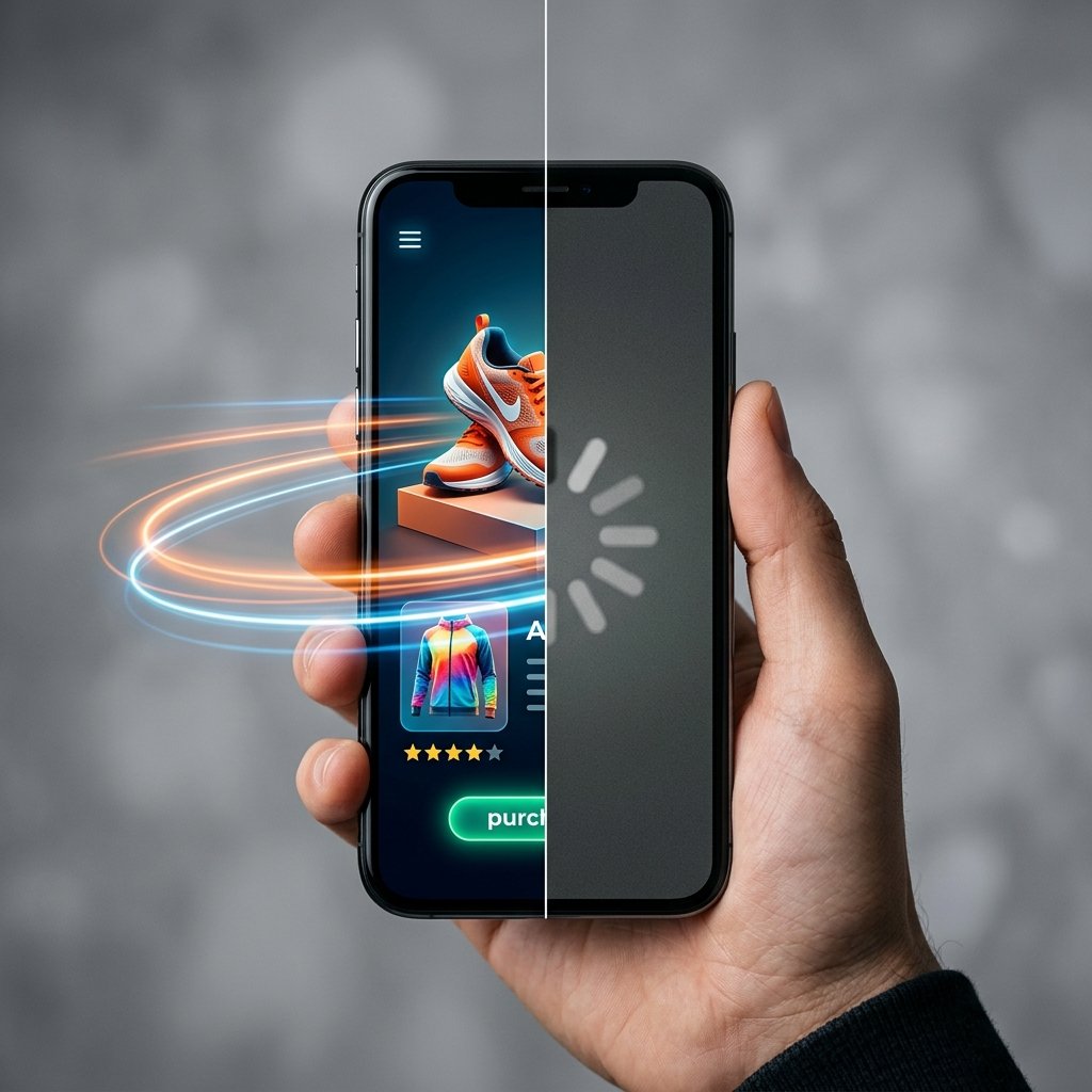 A creative conceptual photograph showing a split-screen perspective of a modern smartphone. On the left half, the screen displays a vibrant, seamlessly loading shopping interface with crisp product images and a glowing 'buy now' button, with light trails suggesting extreme speed. On the right half, the screen is frozen with a loading spinner icon, depicted in dim, desaturated tones. The environment is a minimalist, professional studio setting. The image emphasizes the user experience, sleek, high-end photography, no text, no typography, no words, professional and minimalist aesthetic.