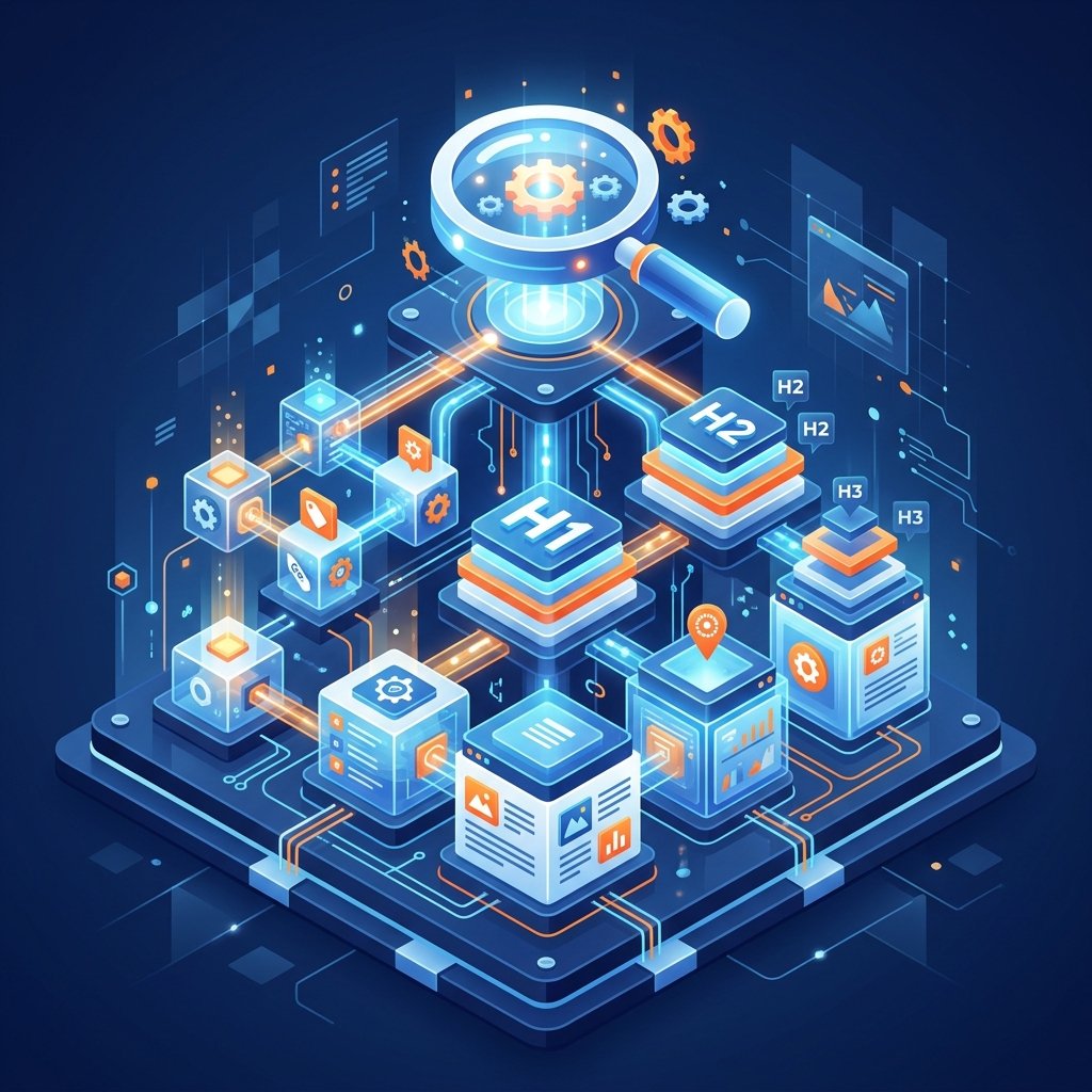 A high-quality, professional 3D isometric illustration depicting the architecture of a website optimization process. The scene features glowing digital nodes representing meta tags, headings (H1, H2, H3), and content blocks being connected by light beams to a stylized search engine icon. A clean, modern aesthetic with a color palette of deep blue, white, and vibrant orange accents. The design should convey a sense of logical structure and technical precision, suitable for a digital marketing blog, with no text or characters visible.