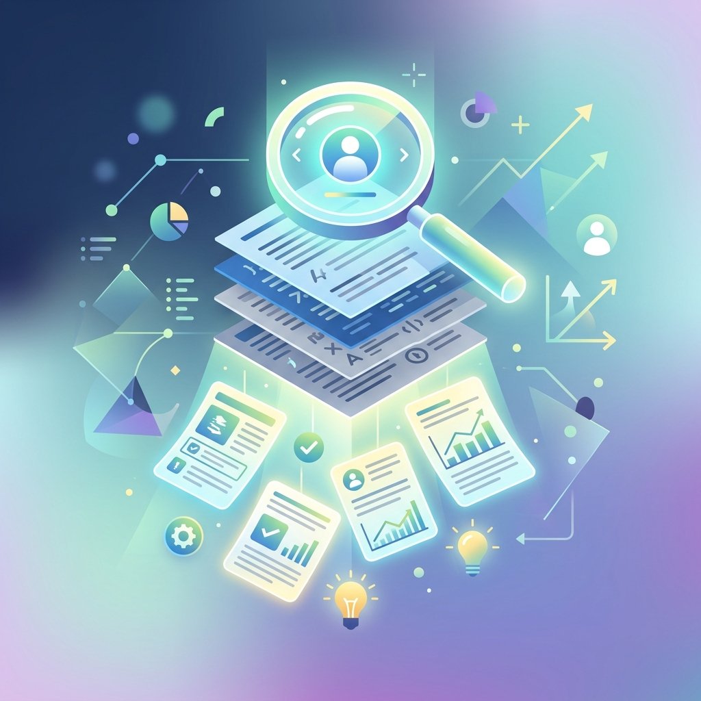 A modern flat vector illustration representing the concept of 'Search Intent' and user-centered content. The image shows a stylized magnifying glass hovering over a series of digital document layers that are being refined into high-quality, glowing content pieces. In the background, abstract geometric shapes represent data flow and user experience signals. The style is clean, minimalist, and professional, using a soft gradient background to emphasize the evolution of SEO from keywords to quality-driven content in 2026, without any text or words.