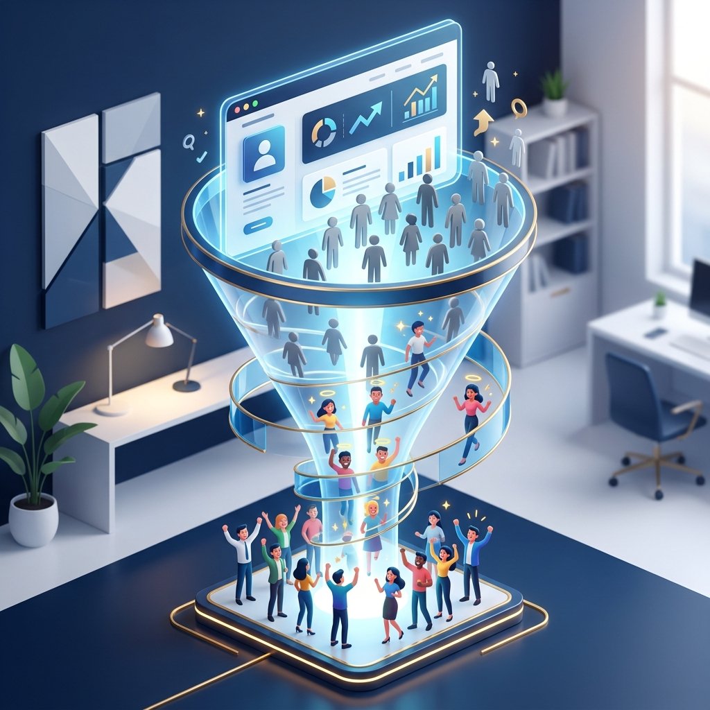 A high-quality, professional 3D isometric illustration depicting a digital conversion funnel. At the top, many diverse abstract human silhouettes are entering a sleek, modern website interface displayed on a holographic screen. As they move through the funnel, they transform from generic gray figures into vibrant, colorful, and satisfied characters, symbolizing a successful conversion. The background is a clean, professional workspace with soft lighting, emphasizing a futuristic business atmosphere. The aesthetic should be modern, minimalist, and sleek, using a professional color palette of deep blue, white, and accent gold, ensuring no text or characters are present.
