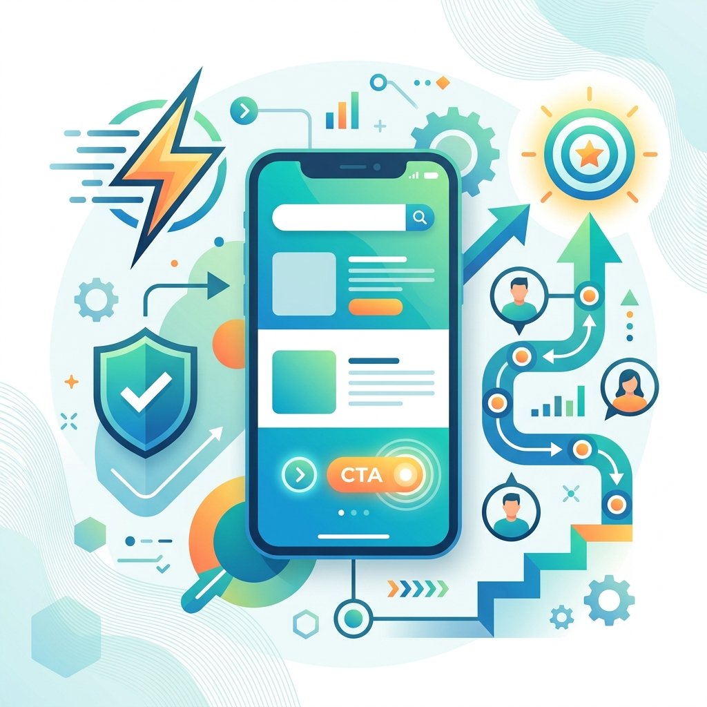 A sophisticated flat vector infographic illustration demonstrating the concept of website optimization and user journey. The scene features a stylized mobile device in the center, showing a seamless, fast-loading interface with clear, glowing call-to-action buttons. Surrounding the device are abstract icons representing key conversion factors: a lightning bolt for speed, a shield for trust, and a directional arrow path guiding a user toward a goal. The design uses plenty of white space, clean geometric shapes, and a balanced composition to convey clarity, speed, and professional user experience. The image should be strictly visual, purely graphic, and free of any labels or symbols.